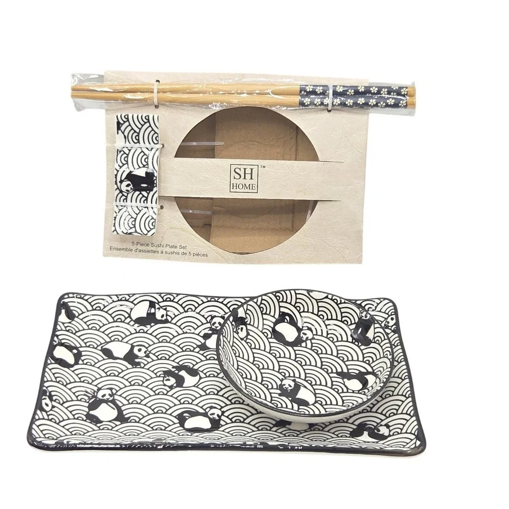 SH Home 5pc Seigaiha Waves & Pandas Sushi Plate Set 11